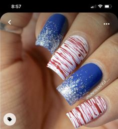 Blue And Red Nails Designs, Blue And Red Nails, Nails Acrylic Summer, 4th Of July Nail Art, 4th Of July Nail, Patriotic Nails Design, Summer 4th Of July