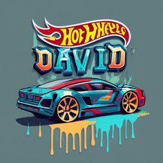 a drawing of a car with the words hot wheels david on it's side