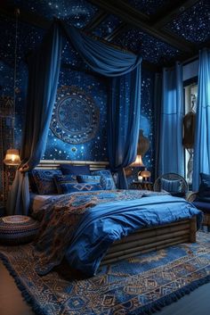 a bed room with a neatly made bed and blue curtains