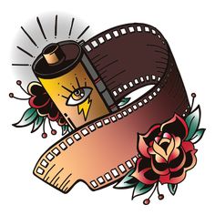 an old school tattoo design with a film strip and flower