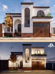 two pictures side by side of a house with garage doors and windows