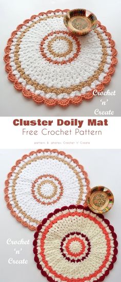 crocheted doily mat with two circles and a bowl on the side, in different colors