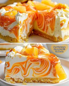 two pictures of a cake with orange and white frosting on it, one has a slice taken out