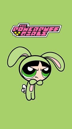 the powerpuff character is peeking out from behind a green background