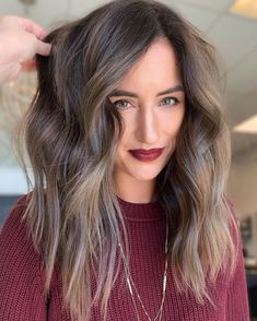 Ash Bronde Hair with Waves Fall Hair Ash Brown, Mushroom Brown Shag Hair, Ash Brown With Caramel Highlights, Shades Of Ash Brown Hair Color, Ash Toned Brown Hair, Medium Brown Balayage Ashy, Ash Sombre Hair, Ash Brown Hair Color With Money Piece, Ash Brown Fall Hair