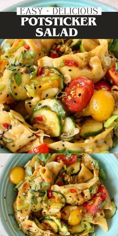 two plates filled with pasta and vegetables on top of each other, the same dish