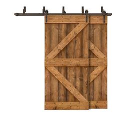 an open wooden door with metal bars on the top and bottom, against a white background