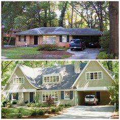 before and after photos of a house in the woods, with two cars parked outside