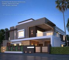 this is a 3d rendering of a modern house in the evening time with palm trees