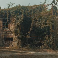 an old abandoned building covered in vines