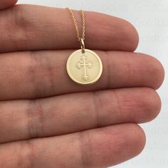 ● Material of pendant: Solid gold 14k ( REAL GOLD ) ● Metal Stamp: 14k ● The pendant is available in 3 sizes: 14,0 mm / 0,55 inches ( Diameter ) 16,5 mm / 0,65 inches ( Diameter ) 19,1 mm / 0,75 inches ( Diameter ) ( In the photos the size of the pendant is 14mm / 0.55 inches Diameter ) ● Material of chain: Solid gold 14k ( REAL GOLD ) ● Chain Options: **Chain No.1  :  thickness 0,7mm  **Chain No.2 :  thickness 1,3mm ● Chain Length: - 40 cm / 15,75 inches ( Length ) - 45 cm / 17,72 inches ( Leng Real Gold Chains, Personalized Cross, Religious Cross, Gold Cross Necklace, Gold Cross, Necklace Personalized, Metal Stamping, Real Gold, Cross Pendant