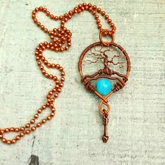 Copper Wire Wrap Tree of Life Necklace, TOL pendant, aquamarine natural stone round bead necklace, handcrafted jewelry, Rocky Road Jewelry Wire Wrap Tree, Round Bead Necklace, Woven Necklace, Rocky Road, Tree Necklace, Tree Of Life Necklace, Wire Pendant, Tree Of Life Pendant, Handcrafted Necklace