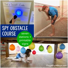 several pictures with different types of objects and text that reads spy obstacle course seven stations + printable signs