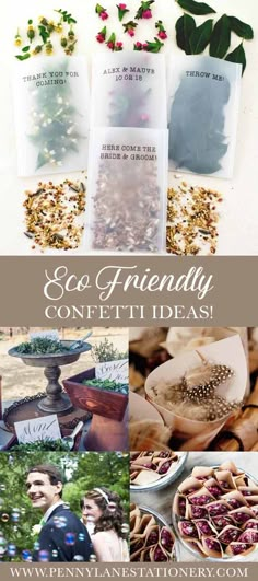 a collage of photos with flowers and seeds in them that say eco friendly, confetti ideas