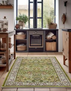 an area rug in the middle of a kitchen