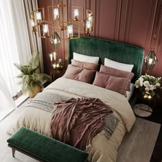 a bed with green headboard and pillows in a bedroom