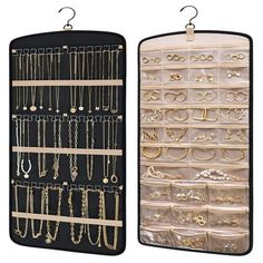 two black and white racks with jewelry on them