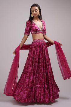 Purple and pink pleated, attached cancan lehenga with all over abstract prints. Paired with a coordinating blouse with sequin work and dupatta. - Aza Fashions Festive Pink Silk Lehenga, Pink Silk Set With Unstitched Blouse, Festive Silk Lehenga With Ruffles, Pink Silk Sets With Unstitched Blouse, Anarkali Choli With Dupatta And Tiered Skirt, Bollywood Style Choli With Dupatta And Tiered Skirt, Festive Ruffled Silk Lehenga, Silk Lehenga In Pink With Traditional Drape, Pink Silk Lehenga With Traditional Drape