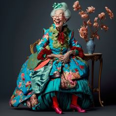 an old woman sitting on a chair with flowers in front of her