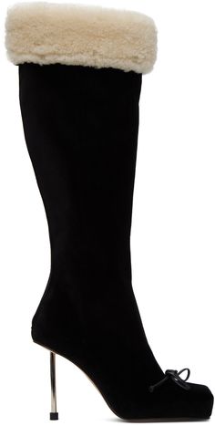 Knee-high velvet boots in black. · Square toe · Bow accent at vamp · Faux-shearling trim at collar · Zip closure at heel · Grained leather lining · Metal stiletto heel with rubber injection · Leather sole · Heel: H3 Part of the Guirlande collection. Supplier color: Black Knee High Heel Boots Outfit, Pumps With Jeans, Shein Boots, High Heel Boots Outfit, Louboutin Boots, Boot Heels, Nordstrom Shoes, Bow Fashion, Luxury Boots