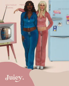 two women standing next to each other in front of a tv and refrigerator with the words juicy on it