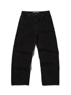 It is a wide fit baggy jean with carpenter pant design features. Made of black denim, the pant is easy to match with different items to make a casual and stylish outfit. The pant has a hammer loop, which is a feature of carpenter pant. - Wide fit- Side pockets- Back pockets- Logo label Black Relaxed Fit Tapered Leg Cargo Jeans, Black Urban Rigid Denim Jeans, Black Straight Leg Rigid Denim Pants, Urban Black Rigid Denim Jeans, Black Denim Cargo Jeans With Tapered Leg, Black Rigid Denim Jeans With Pockets, Black Rigid Denim Jeans For Streetwear, Urban Black Jeans With Tapered Leg, Black Urban Tapered Leg Jeans