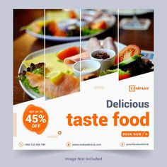 a poster for a restaurant with food items on the plate and in front of it