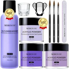 MOROVAN acrylic nail kit acrylic powder monomer liquid set: The acrylic powders included in this nail kit acrylic set provide amazing control with their ability to self-level and adhere to the natural nail, come with monomer acrylic nail liquid to create a protective layer, and nail kit set professional acrylic with everything, include nail forms extension, acrylic nail brush glass cup, nail tips acrylic nails for you. MOROVAN ema acrylic monomer liquid 4oz: MOROVAN monomer liquid for acrylic na Nail Forms Acrylic, Professional Acrylic Nail Kit, Acrylic Nail Liquid, Nails Extension, Diy Nail Art Tools, Fake Toenails, Acrylic Nail Powder, Acrylic Nail Brush, Acrylic Liquid