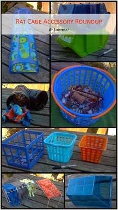 various pictures of different plastic containers and bins on a wooden deck with text overlay reading rat cage accessory roundup