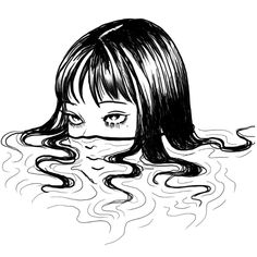 a drawing of a girl with long hair in the water, looking down at her face