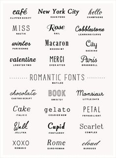 some type of font that are in different styles and colors, with the names above them