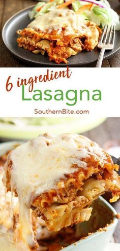 lasagna with cheese and sauce on top is shown in this collage for the recipe