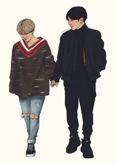 two people are holding hands while standing next to each other, one is wearing a sweater and the other has ripped jeans