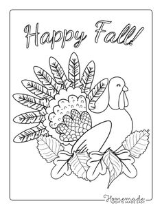 a happy fall coloring page with a bird and leaves