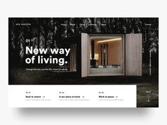 a website page with an image of a small cabin in the woods and text that reads new way of living