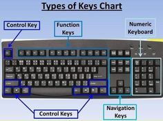 a computer keyboard labeled in blue and black with the words types of keys chart below