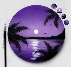 a purple painted disc with palm trees and the moon in the sky above it on a white surface