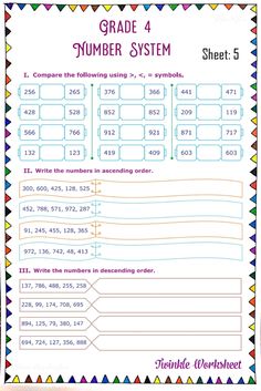 a printable worksheet for grade 4 sumber system with numbers and symbols