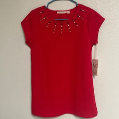 Marie Gabrielle Red Dressy Blouse Size M Neckline 13” Armpit To Armpit 17.5” Shoulder To Shoulder 14” Length Front 26.5” Bottom 37” New With Tags Mint Condition Fitted Short Sleeve Tops For Holidays, Red Sleeveless Holiday Tops, White Crop Blouse, Overlay Blouse, Boho Style Tops, Womens Lace Tops, Bodice Top, Dressy Blouse, Polka Dot Blouse