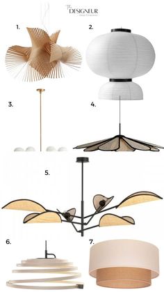 the different types of lamps are shown in this image, including one light fixture and two pendants