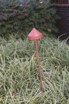 a pink lamp sitting in the middle of some tall grass