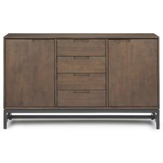 the sideboard is made from wood and has four drawers, two doors and one drawer