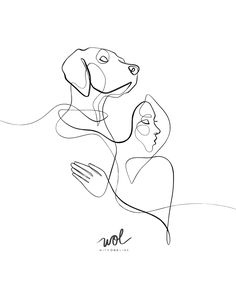 a black and white drawing of a woman holding a dog's head in her arms