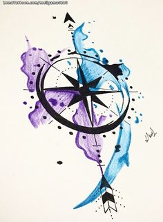 a drawing of a compass with arrows and stars on it's side, as well as an arrow