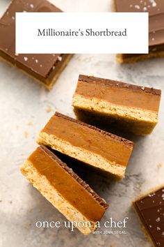 several pieces of chocolate and peanut butter shortbread on a white surface with the words millonaire's shortbread above it