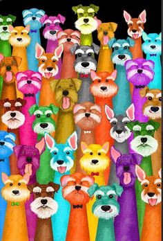 an art print with many different colored dogs in the same pattern, on a black background