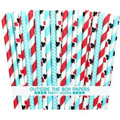 red, white and blue striped paper straws with black clover designs