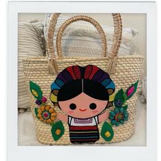 Handmade Palm Tree Tote Handbag “Adelita” Mexican Doll Design, Cotton Canvas Palm Tree Handcrafted Floral Designs Made In Jalisco Mexico Reasonable Offers Accepted Traditional Straw Bag For Shopping, Traditional Top Handle Straw Bag, Embroidered Tote Beach Bag, Multicolor Embroidery Shoulder Bag For Beach, Straw Satchel Bag For Market, Natural Embroidered Straw Bag For Daily Use, Multicolor Embroidered Vacation Bag, Vacation Bag With Multicolor Embroidery, Handmade Multicolor Embroidered Bags For Vacation