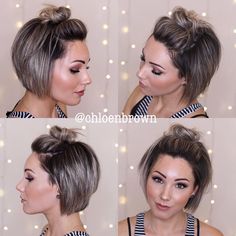 Top Knot Bun’s are perfect for the beach, working out, dirt hair and for windy days. They can be a lifesaver for us short haired girls! 😉 Hairstyles For Windy Days, Top Knot Bun, Short Ombre Hair, Knot Bun, Cute Short Haircuts, Penteado Cabelo Curto, Short Hair Updo, Girl Short Hair, Short Bob Hairstyles