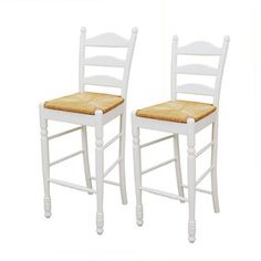 two white wooden chairs sitting next to each other on a white background, one with a seat and the other without